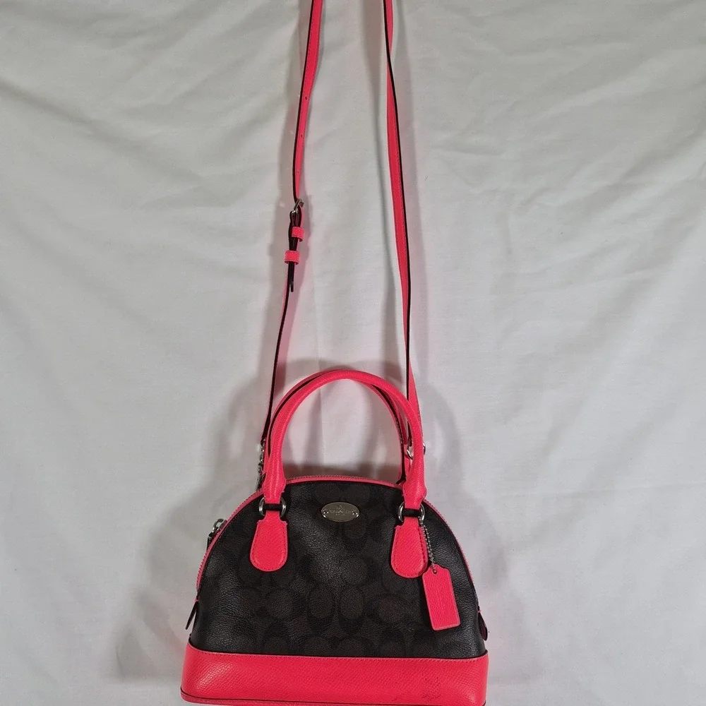 Coach Signature Dome Satchel‎ Bag Brown Pink Leather Crossbody Purse